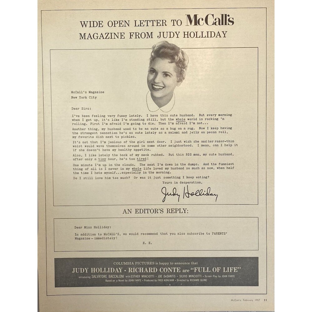 Judy Holliday's Open Letter to McCall's Magazine Vintage Print Ad 1957